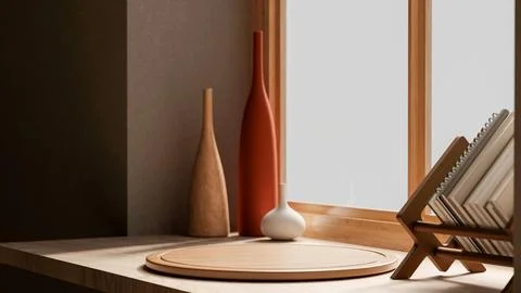 Empty round wooden tray with unique design vase and book rack on table unde.. Stockillustratie