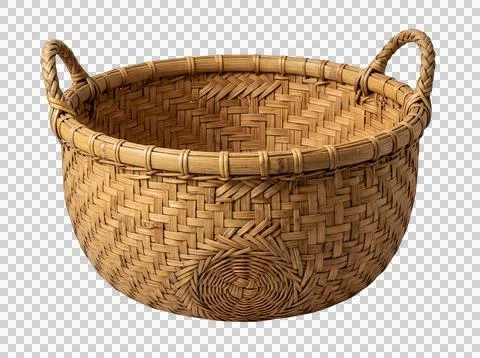 Empty round woven wicker basket with two handles isolated on transparent ba.. Stock Photos