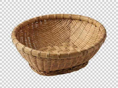 Empty round woven wicker basket made of brown straw isolated on transparent.. Stock Photos