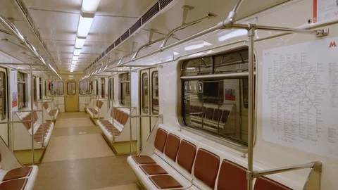 Empty row of seats of subay car in moving metro train. Stock Footage 111134372