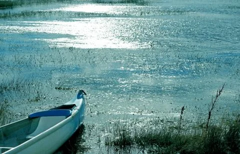 Empty Rowboat on the Tranquil Lake Stockfoto's