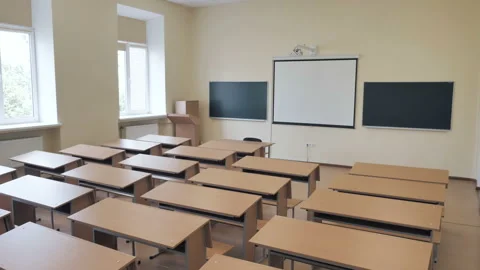 Empty Rows Of Desks In Advanced Classroom At College Or School Stock Footage 172264967