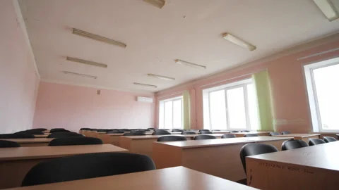 Empty Rows Of Desks With Chairs In Classroom in School, College Stock Footage 327986229