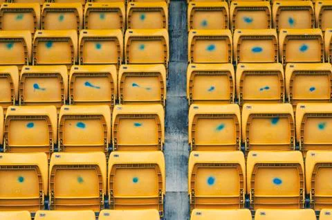 Empty rows  yellow seats in open air stadium Foto stock