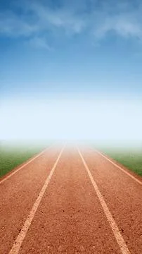 An empty running track stretching into the horizon under a bright blue sky,.. Stock Illustration