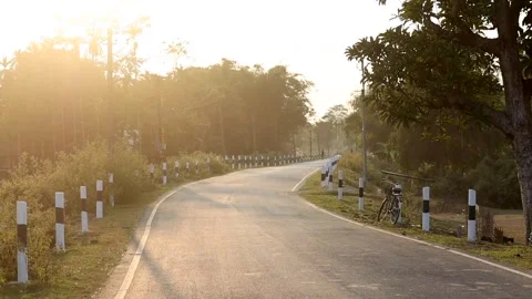 Empty Rural Road Curving Through Assam Countryside at Golden Hour Video stock 328340922