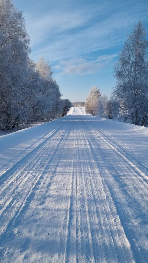 An empty rural snowy road surrounded by forest in the winter day. Stock Footage 327126129
