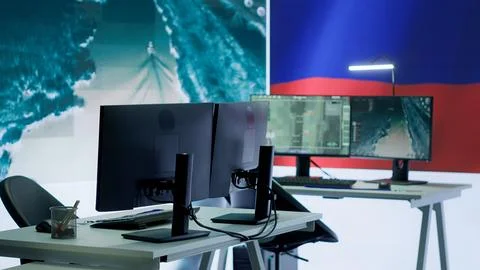 Empty russian command center using high tech gear to spread misinformation Stock Photos