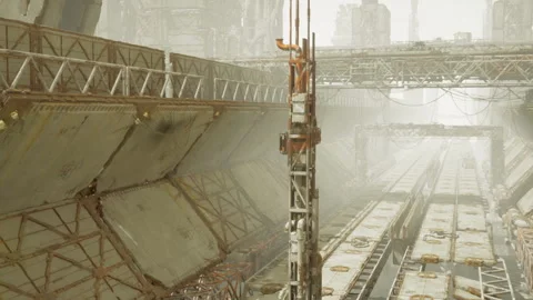Empty rusted hull with sunlit maintenance pathways and structural details Stock Footage 340665099
