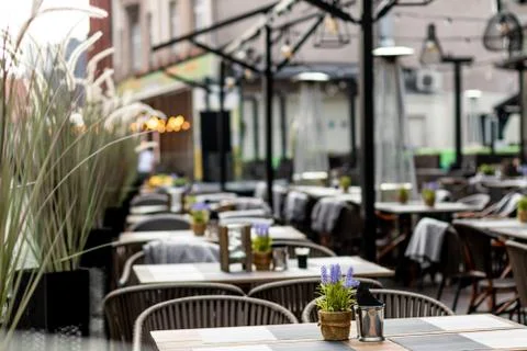 Empty rustic restaurant with now people and customers during covid 19 corona  Stock Photos