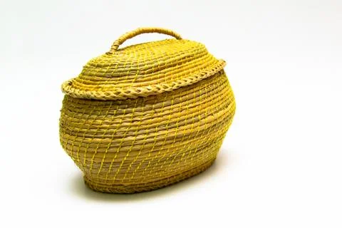 Empty rustic wicker basket isolated on white Stock Photos