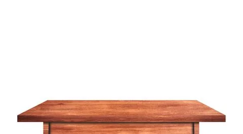 Empty rustic wood table isolated on white background with copy space for prod Stock-Fotos