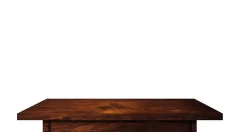 Empty rustic wood table isolated on white background with copy space for prod Stock-Fotos