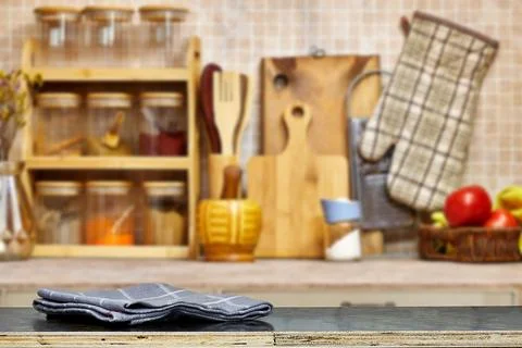 Empty rustic wooden table for mockup product display near Kitchen countertop sho Stock Photos