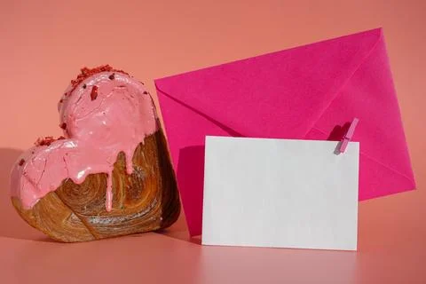 Empty sample template paper note greeting card Delicious fresh croissant topped Stock Photos