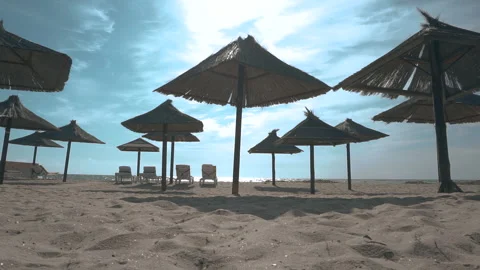 Empty sand beach. Beach with umbrellas and sun beds Stock Footage 161163831