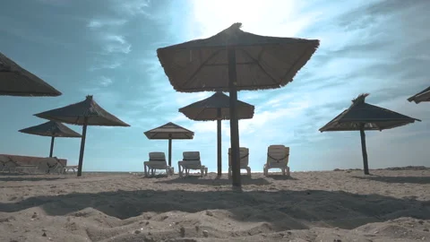 Empty sand beach. Beach with umbrellas and sun beds Stock Footage 161163901