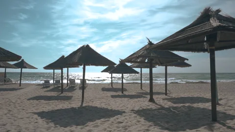 Empty sand beach. Beach with umbrellas and sun beds Stock Footage 161163950