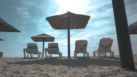 Empty sand beach. Beach with umbrellas and sun beds Stock Footage 161164015