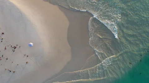 Empty Sandy Beach and Parasol, Top Aerial View. Madfish Bay, Denmark, Stock Footage 155437107
