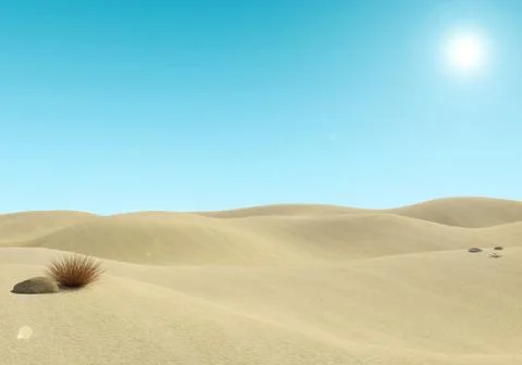 Empty sandy desert landscape and blue sky background, 3D Rendering Stock Illustration