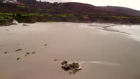 Empty Sandy Shore Of Playa de Caion In Galicia During Sunrise. Aerial Drone Shot Stock Footage 243299755
