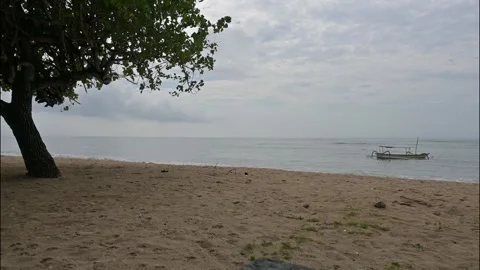 Empty Sanur Beach with one tree and one fisherman boat Stock Footage 278017062