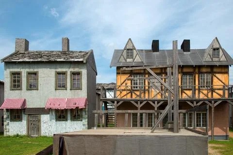 Empty scaffold with a place for execution and wooden gallows Stock Photos
