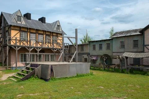 Empty scaffold with a place for execution and wooden gallows Stock Photos