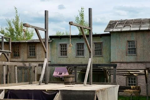 Empty scaffold with a place for execution and wooden gallows Stock Photos