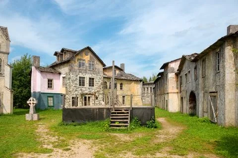 Empty scaffold with a place for execution and wooden gallows Stock Photos