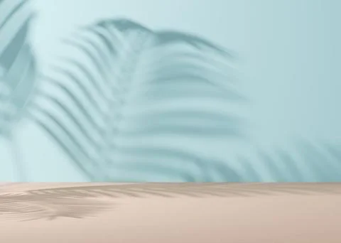 Empty scene with palm leaves shadows. Blue background. Template for product Stock Illustration