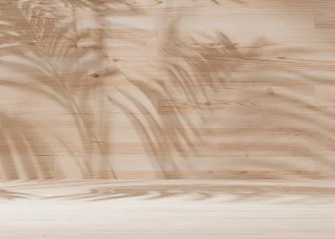 Empty scene with palm leaves shadows. Wooden background. Template for product Stock Illustration