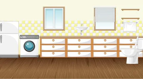 Empty scene with washing machine and refrigerator in the toilet Stock Illustration