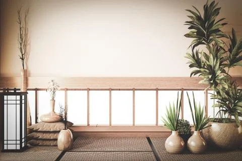Empty scene window background on room old style, with plants vase wooden deco Stock Illustration