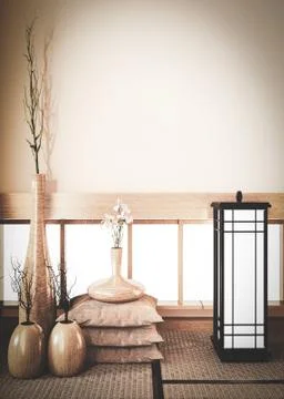 Empty scene window background on room old style, with plants vase wooden deco Stock Illustration