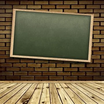 Empty school blackboard at brick wall in interior with wooden floor Stock Photos