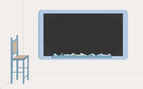 Empty school blackboard with chalks and simple high chair in the class room i Illustrazione stock