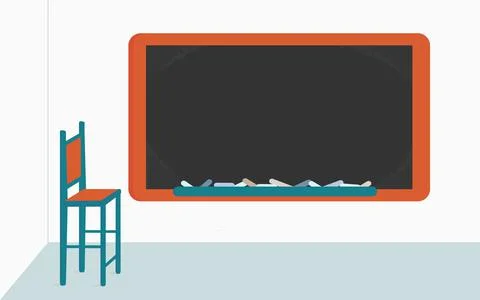 Empty school blackboard with chalks and simple high chair in the class room i Stock Illustration