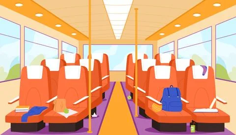 Empty school bus inside, interior of public city transport with seats Stock Illustration