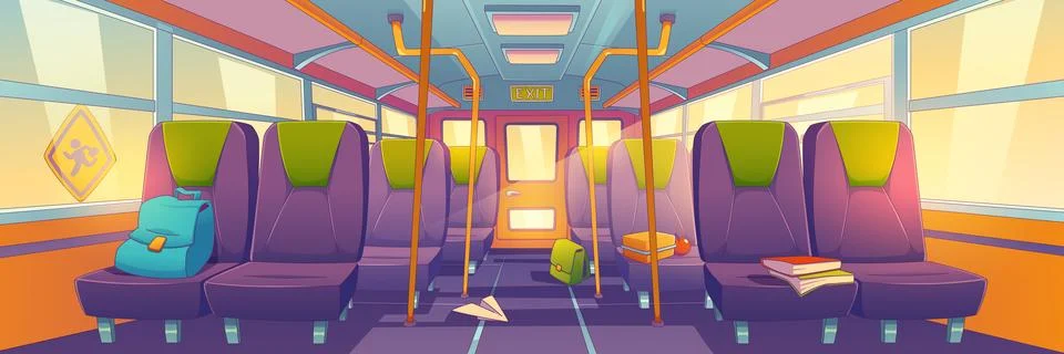 Empty school bus interior with book on seat vector Illustrazione stock