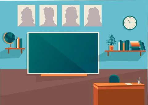 Empty school class room with board desk, shelf, books and clock. Educational Stock Illustration