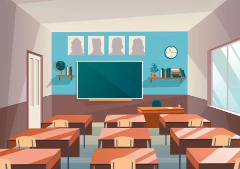 Empty school class room with board desk, shelf, books and clock. Educational Stock Illustration