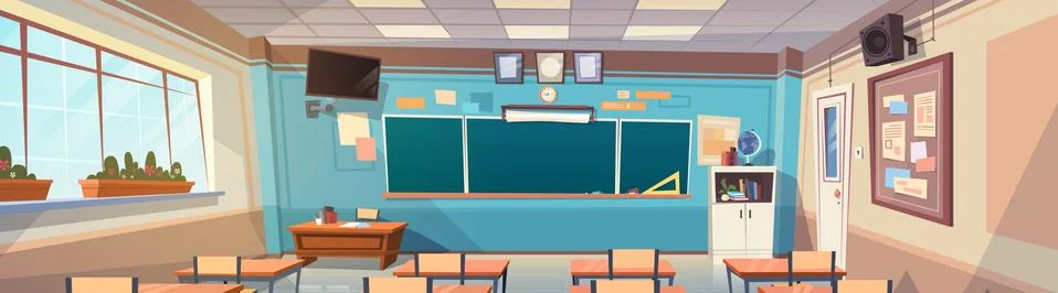 Empty School Class Room Interior Board Desk Horizontal Banner Stock Illustration