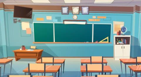 Empty School Class Room Interior Board Desk Stock Illustration