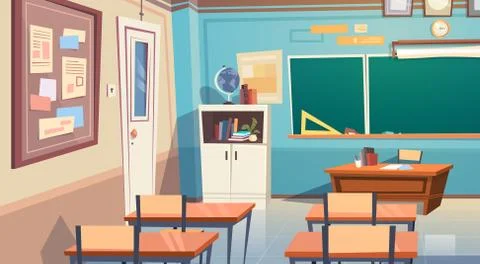 Empty School Class Room Interior Board Desk Stock Illustration
