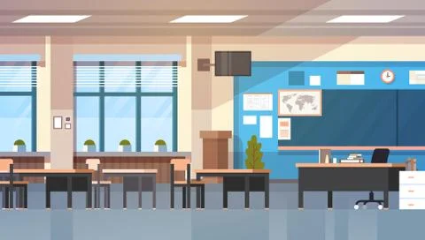 Empty School Class Room Interior Modern Classroom Board Desk Stock Illustration
