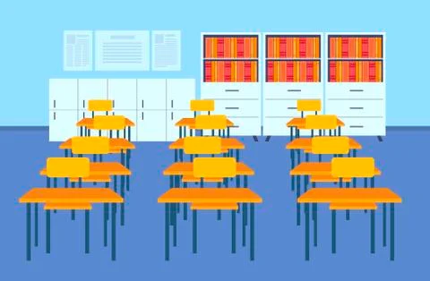 Empty school class room interior modern classroom desks bookshelves furniture 스톡 일러스트