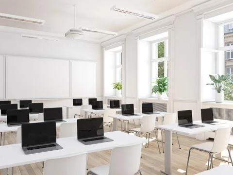 Empty school classroom. 3d rendering Illustrazione stock