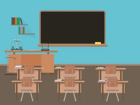 Empty school classroom with blackdesk, pupils student tables and chairs. 스톡 일러스트